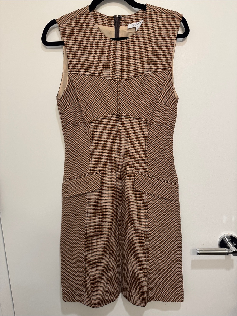 DEREK LAM 10 CROSBY Sleeveless Houndstooth Shift Dress in Brown and Black